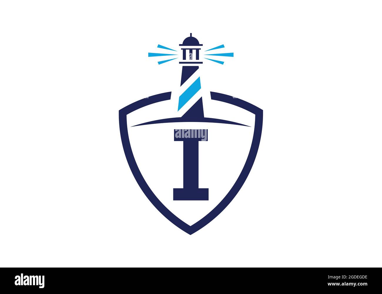 Initial i alfabeto monogramma in uno scudo con il faro. Logo Harbour. Fregio del carattere. Moderno logo vettoriale faro per aziende, organizzazioni Illustrazione Vettoriale