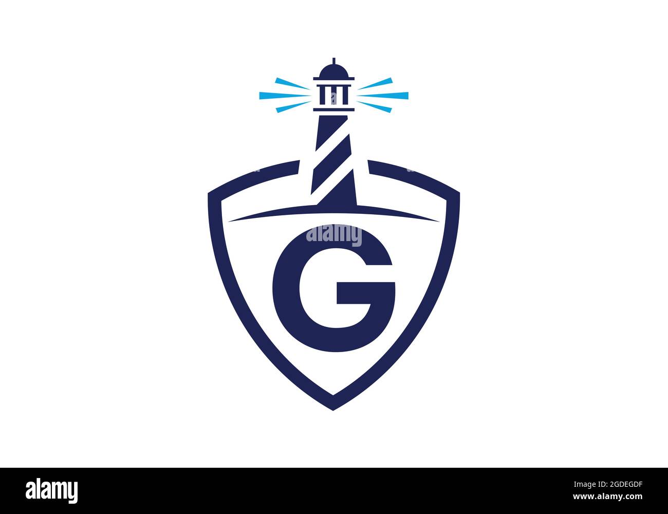 Alfabeto monogramma iniziale G in uno scudo con il faro. Logo Harbour. Fregio del carattere. Moderno logo vettoriale faro per aziende, organizzazioni Illustrazione Vettoriale