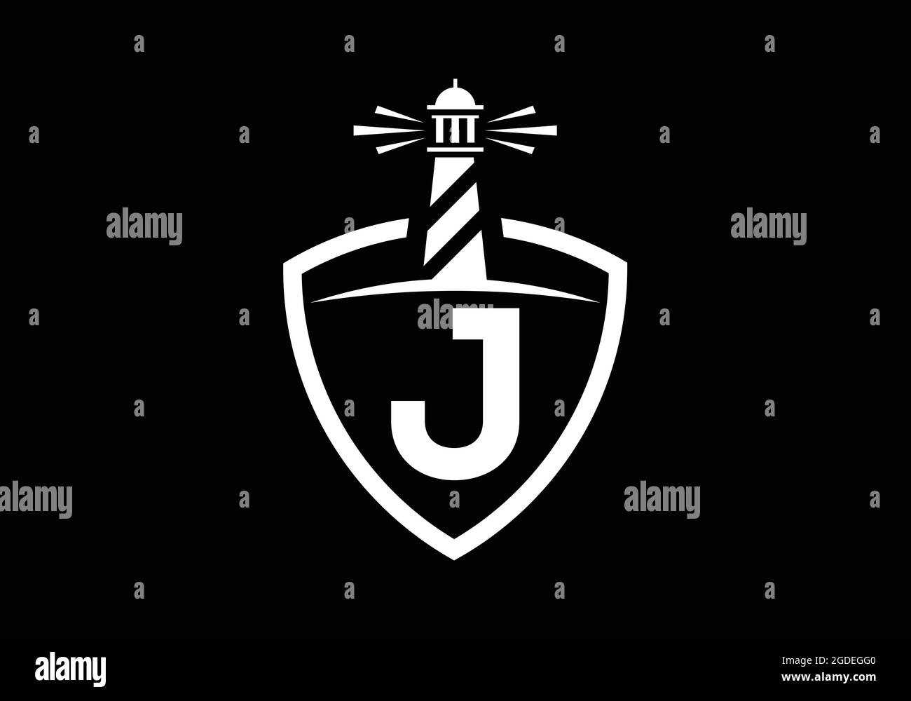 Alfabeto monogramma iniziale J in uno scudo con il faro. Logo Harbour. Fregio del carattere. Moderno logo vettoriale faro per aziende, organizzazioni Illustrazione Vettoriale