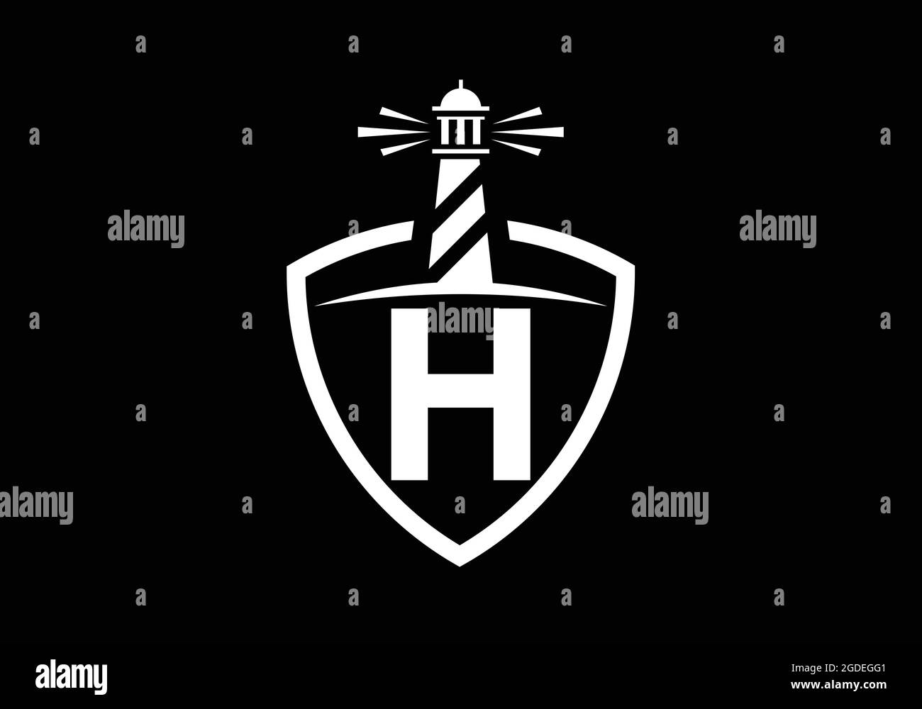 Alfabeto monogramma H iniziale in uno scudo con il faro. Logo Harbour. Fregio del carattere. Moderno logo vettoriale faro per aziende, organizzazioni Illustrazione Vettoriale