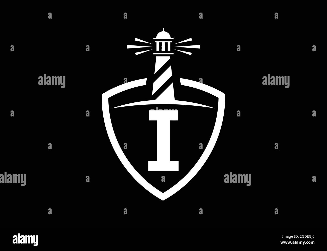 Initial i alfabeto monogramma in uno scudo con il faro. Logo Harbour. Fregio del carattere. Moderno logo vettoriale faro per aziende, organizzazioni Illustrazione Vettoriale