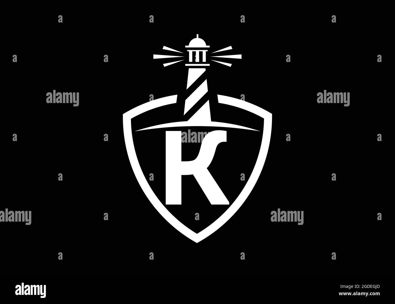 Alfabeto monogramma K iniziale in uno scudo con il faro. Logo Harbour. Fregio del carattere. Moderno logo vettoriale faro per aziende, organizzazioni Illustrazione Vettoriale