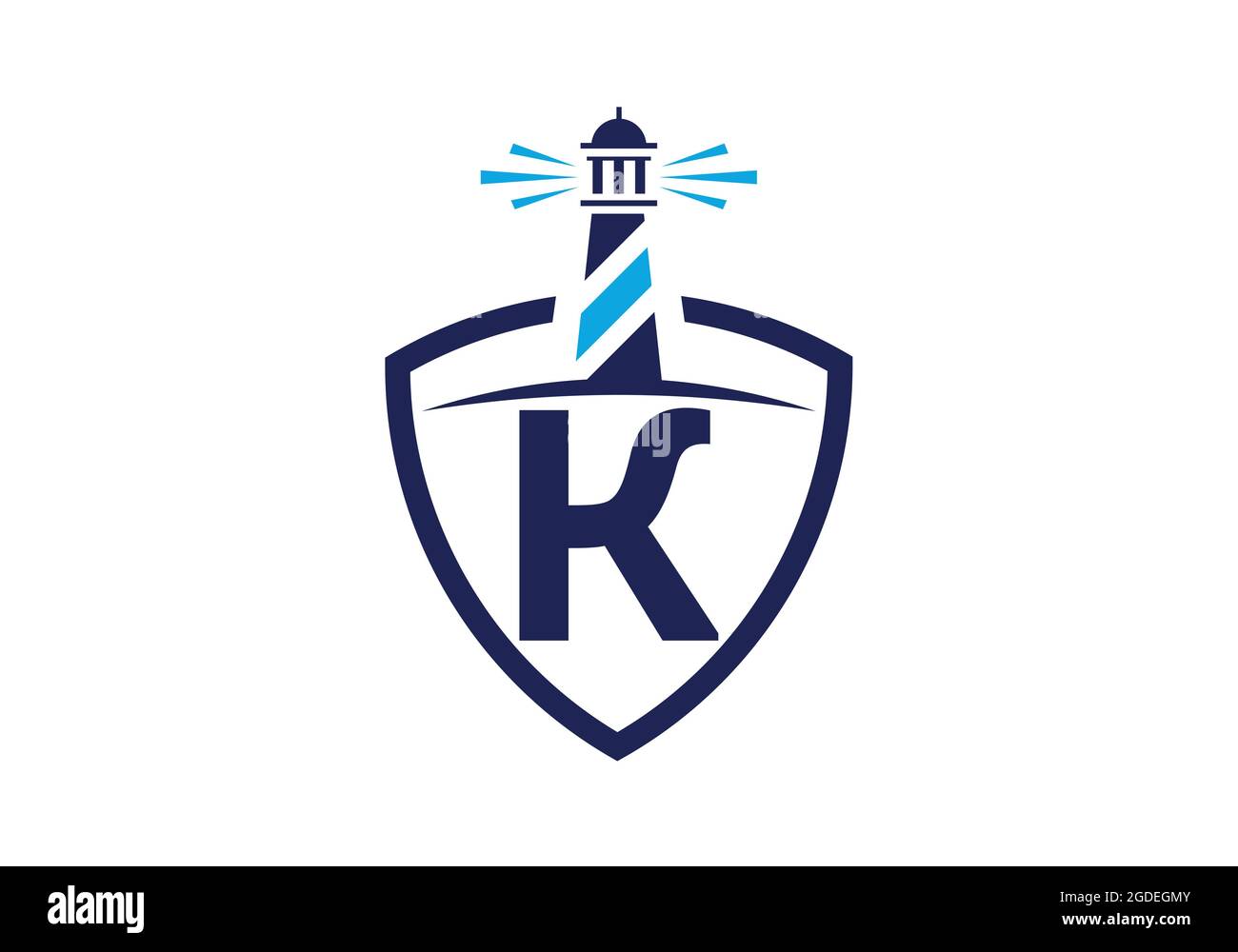 Alfabeto monogramma K iniziale in uno scudo con il faro. Logo Harbour. Fregio del carattere. Moderno logo vettoriale faro per aziende, organizzazioni Illustrazione Vettoriale