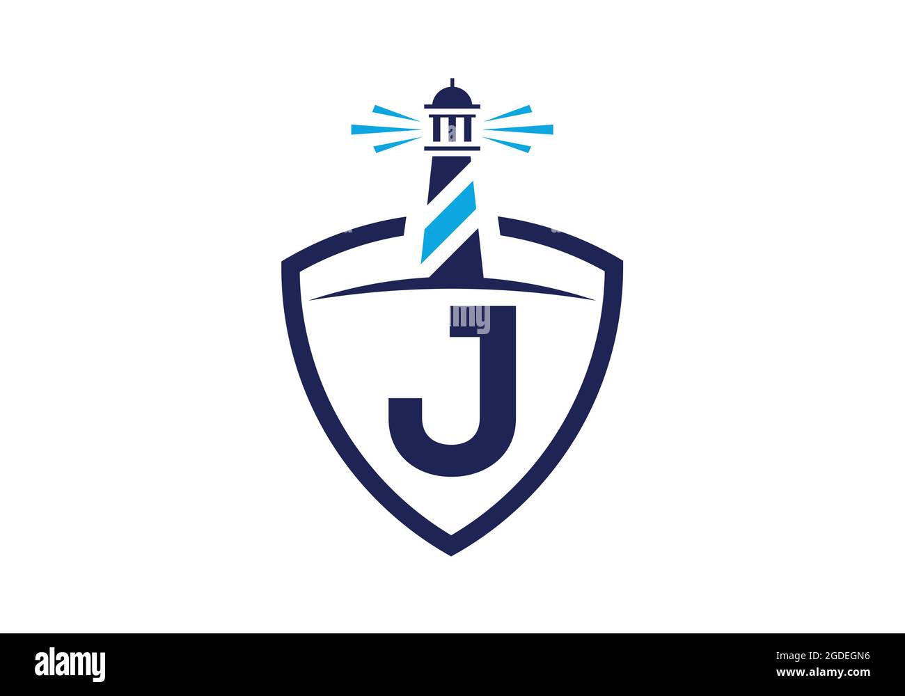 Alfabeto monogramma iniziale J in uno scudo con il faro. Logo Harbour. Fregio del carattere. Moderno logo vettoriale faro per aziende, organizzazioni Illustrazione Vettoriale