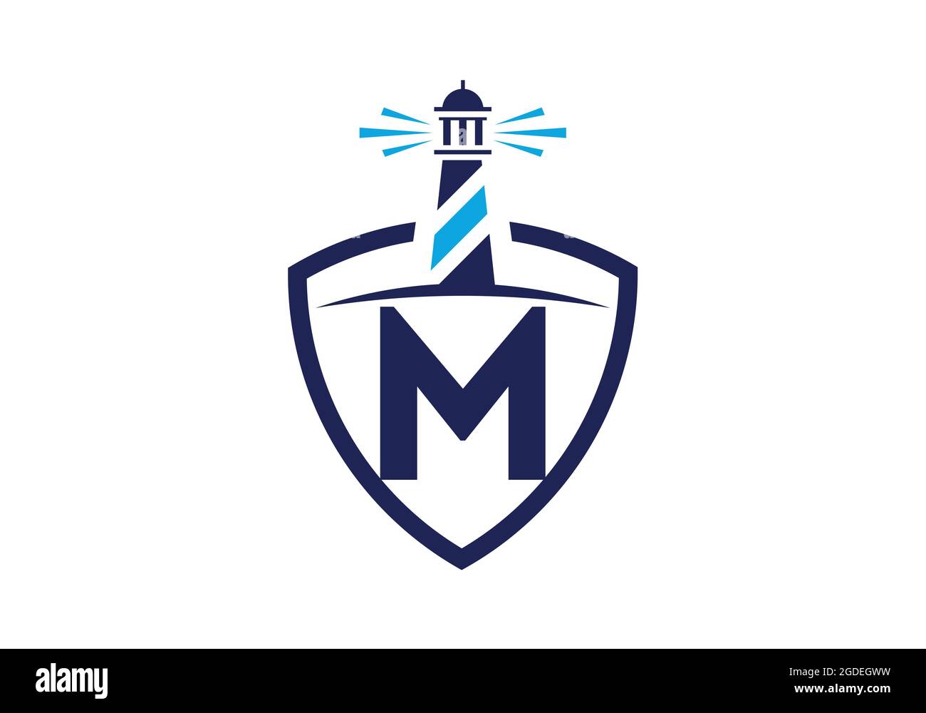 Alfabeto monogramma M iniziale in uno scudo con il faro. Logo Harbour. Fregio del carattere. Moderno logo vettoriale faro per aziende, organizzazioni Illustrazione Vettoriale