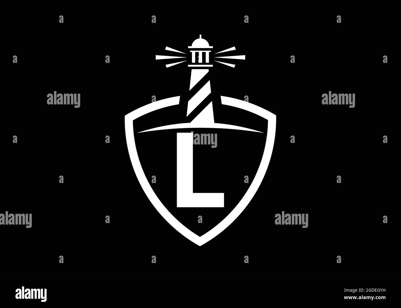 L iniziale alfabeto monogramma in uno scudo con il faro. Logo Harbour. Fregio del carattere. Moderno logo vettoriale faro per aziende, organizzazioni Illustrazione Vettoriale