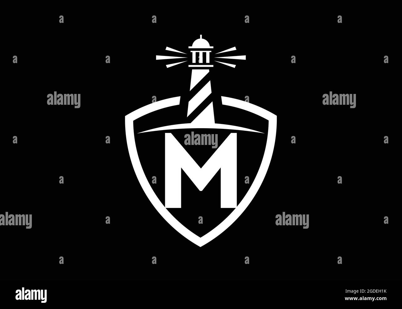 Alfabeto monogramma M iniziale in uno scudo con il faro. Logo Harbour. Fregio del carattere. Moderno logo vettoriale faro per aziende, organizzazioni Illustrazione Vettoriale
