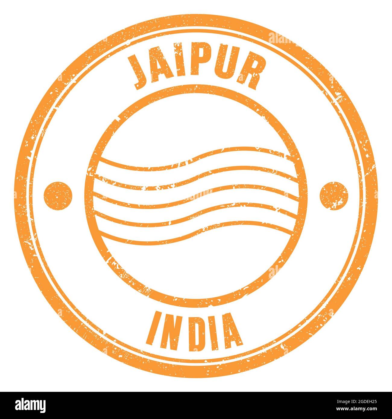 JAIPUR - INDIA, parole scritte sul francobollo rotondo arancione Foto Stock