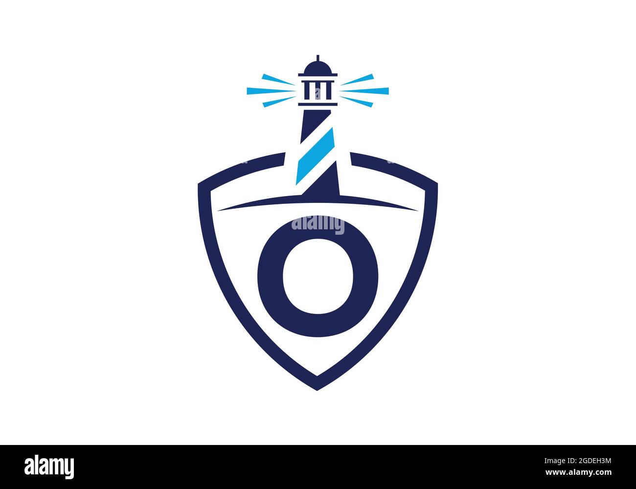Alfabeto monogramma o iniziale in uno scudo con il faro. Logo Harbour. Fregio del carattere. Moderno logo vettoriale faro per aziende, organizzazioni Illustrazione Vettoriale
