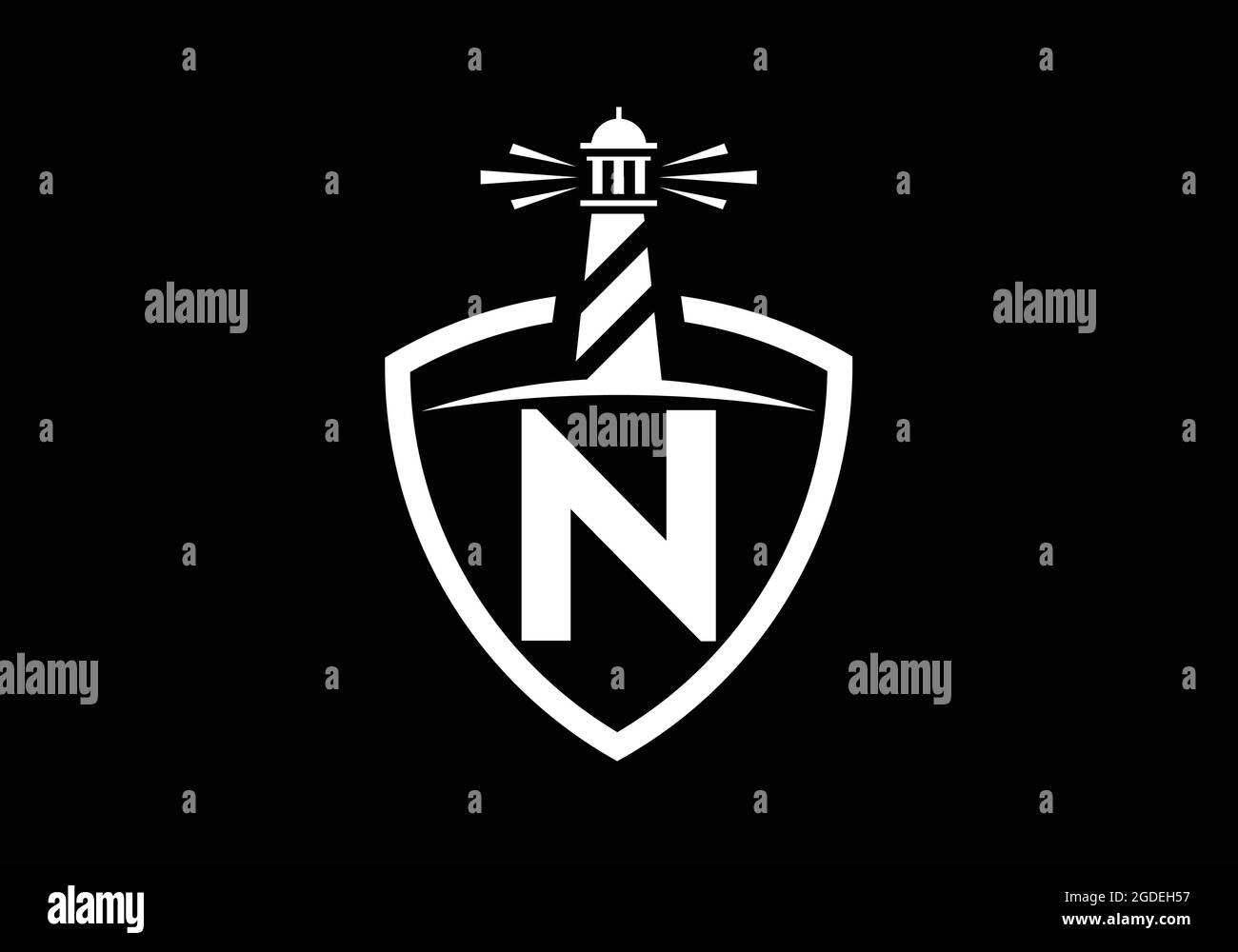 Alfabeto monogramma iniziale N in uno scudo con il faro. Logo Harbour. Fregio del carattere. Moderno logo vettoriale faro per aziende, organizzazioni Illustrazione Vettoriale