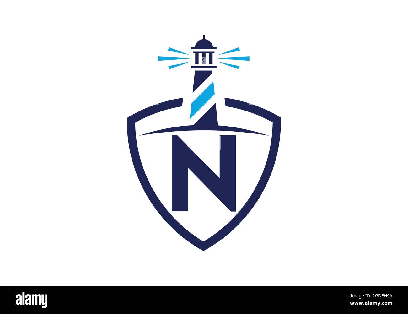 Alfabeto monogramma iniziale N in uno scudo con il faro. Logo Harbour. Fregio del carattere. Moderno logo vettoriale faro per aziende, organizzazioni Illustrazione Vettoriale
