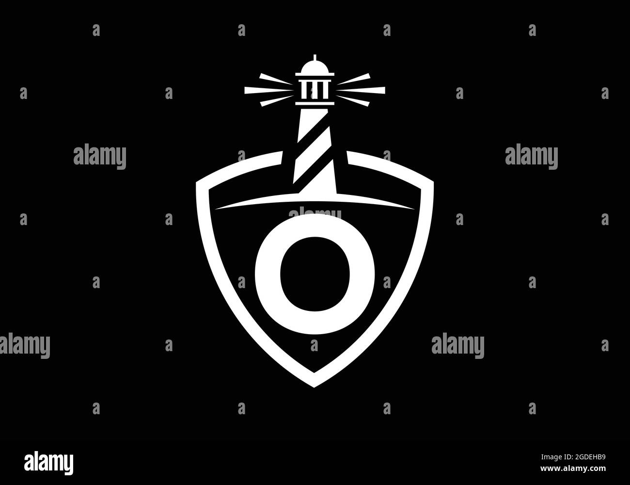 Alfabeto monogramma o iniziale in uno scudo con il faro. Logo Harbour. Fregio del carattere. Moderno logo vettoriale faro per aziende, organizzazioni Illustrazione Vettoriale