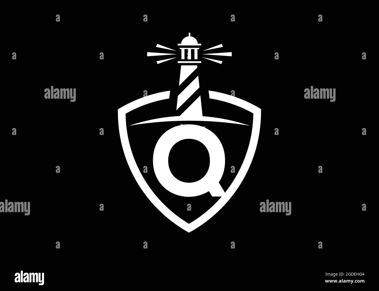 Lettera iniziale del monogramma Q in uno scudo con il faro. Logo Harbour. Fregio del carattere. Moderno logo vettoriale faro per aziende, organizzazioni Illustrazione Vettoriale