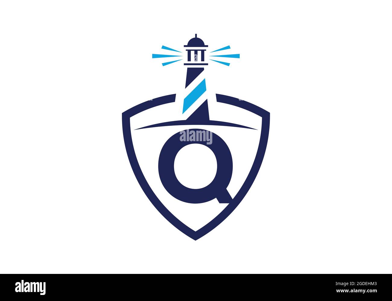 Lettera iniziale del monogramma Q in uno scudo con il faro. Logo Harbour. Fregio del carattere. Moderno logo vettoriale faro per aziende, organizzazioni Illustrazione Vettoriale