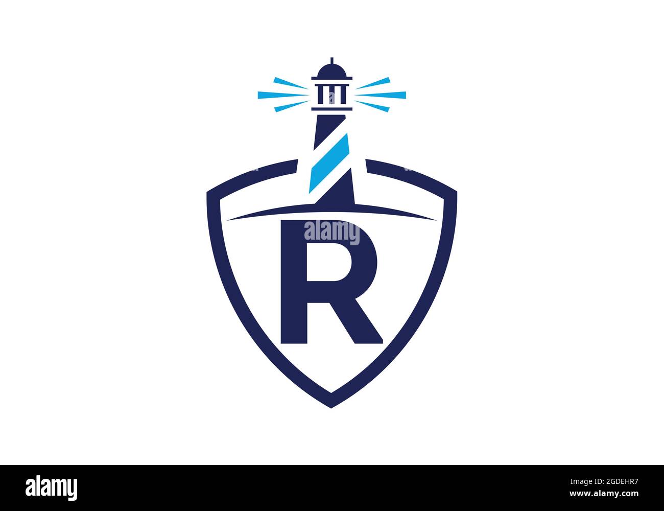 Alfabeto monogramma iniziale R in uno scudo con il faro. Logo Harbour. Fregio del carattere. Moderno logo vettoriale faro per aziende, organizzazioni Illustrazione Vettoriale