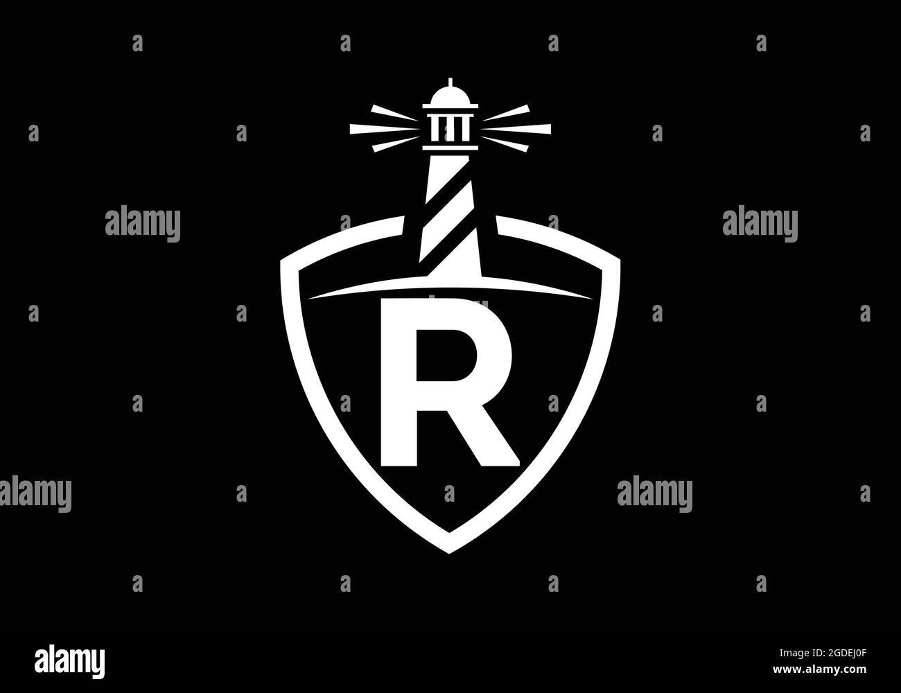 Alfabeto monogramma iniziale R in uno scudo con il faro. Logo Harbour. Fregio del carattere. Moderno logo vettoriale faro per aziende, organizzazioni Illustrazione Vettoriale