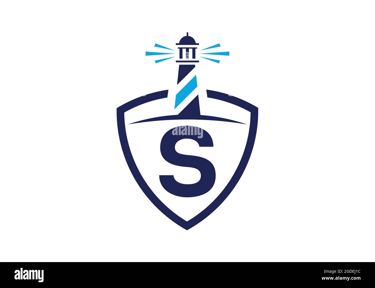 Alfabeto monogramma iniziale S in uno scudo con il faro. Logo Harbour. Fregio del carattere. Moderno logo vettoriale faro per aziende, organizzazioni Illustrazione Vettoriale