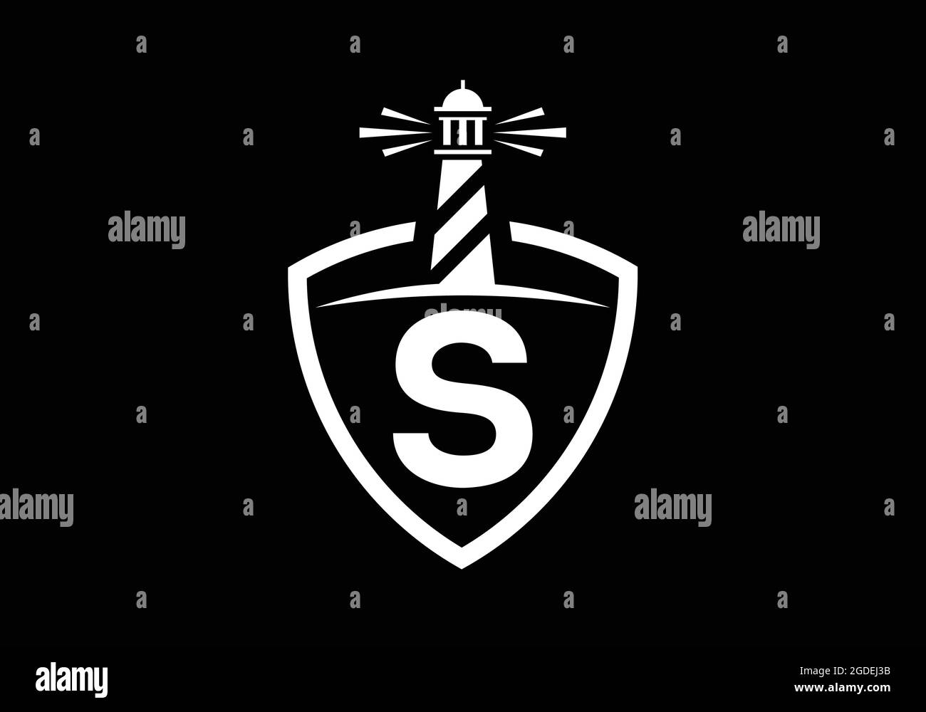 Alfabeto monogramma iniziale S in uno scudo con il faro. Logo Harbour. Fregio del carattere. Moderno logo vettoriale faro per aziende, organizzazioni Illustrazione Vettoriale