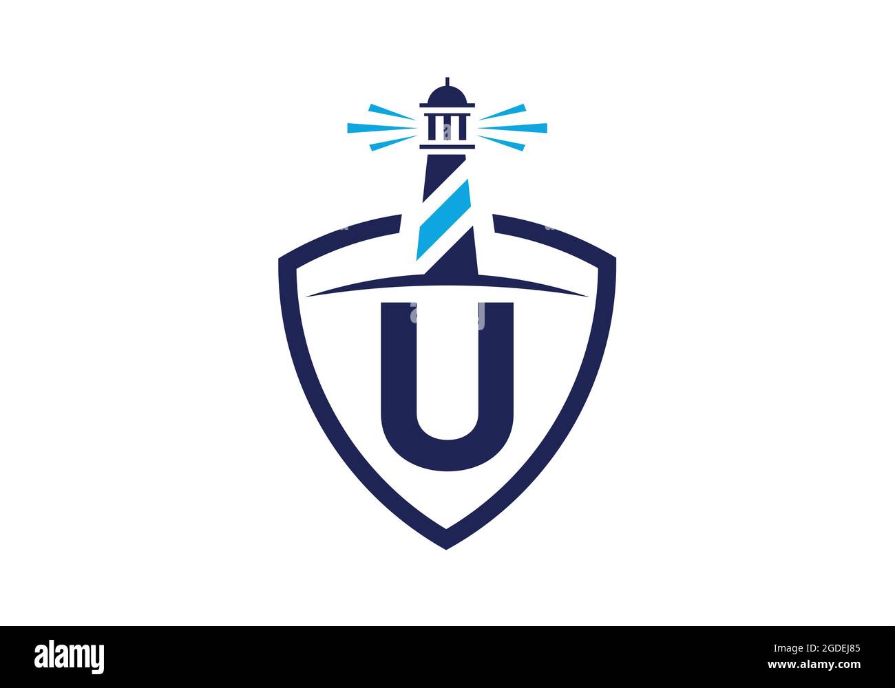 Alfabeto monogramma a U iniziale in uno scudo con il faro. Logo Harbour. Fregio del carattere. Moderno logo vettoriale faro per aziende, organizzazioni Illustrazione Vettoriale