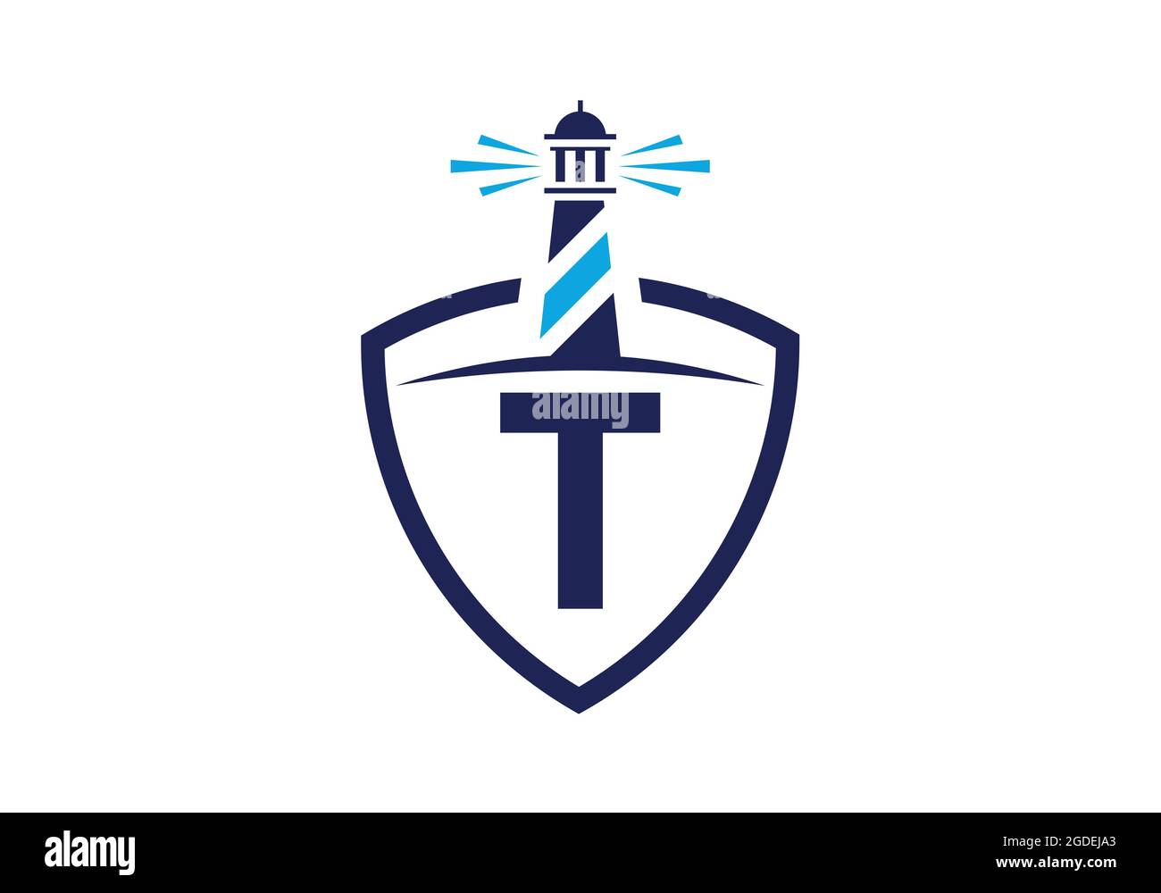 Alfabeto monogramma T iniziale in uno scudo con il faro. Logo Harbour. Fregio del carattere. Moderno logo vettoriale faro per aziende, organizzazioni Illustrazione Vettoriale
