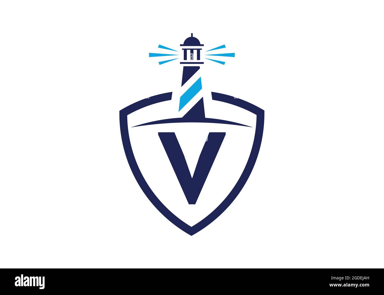 Alfabeto monogramma V iniziale in uno scudo con il faro. Logo Harbour. Fregio del carattere. Moderno logo vettoriale faro per aziende, organizzazioni Illustrazione Vettoriale