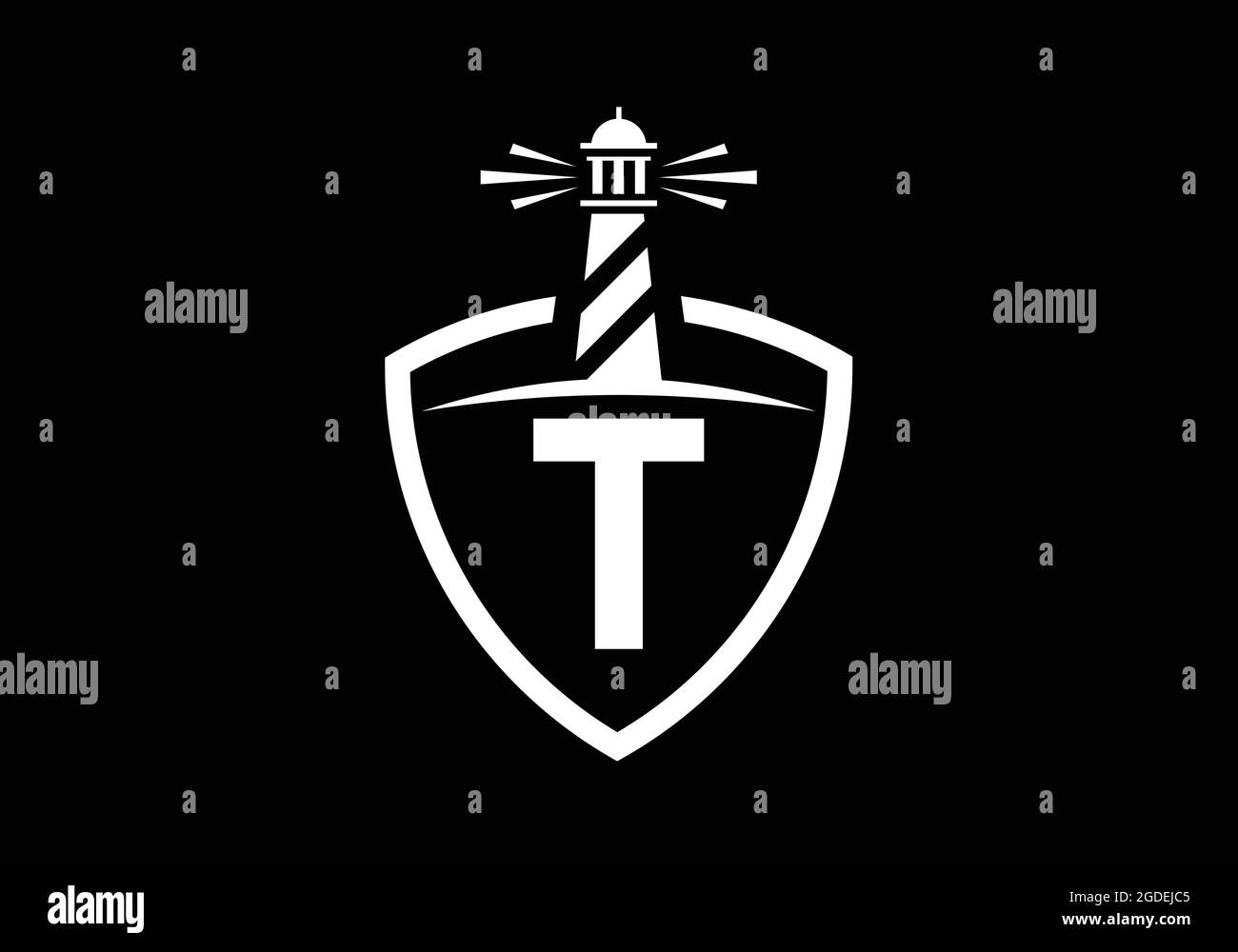 Alfabeto monogramma T iniziale in uno scudo con il faro. Logo Harbour. Fregio del carattere. Moderno logo vettoriale faro per aziende, organizzazioni Illustrazione Vettoriale