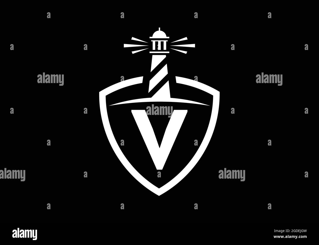 Alfabeto monogramma V iniziale in uno scudo con il faro. Logo Harbour. Fregio del carattere. Moderno logo vettoriale faro per aziende, organizzazioni Illustrazione Vettoriale