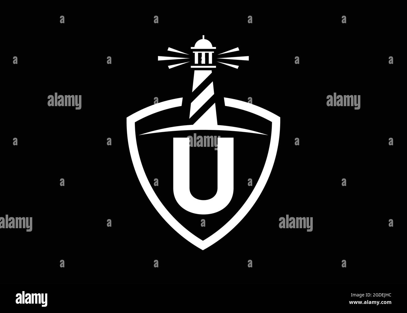 Alfabeto monogramma a U iniziale in uno scudo con il faro. Logo Harbour. Fregio del carattere. Moderno logo vettoriale faro per aziende, organizzazioni Illustrazione Vettoriale