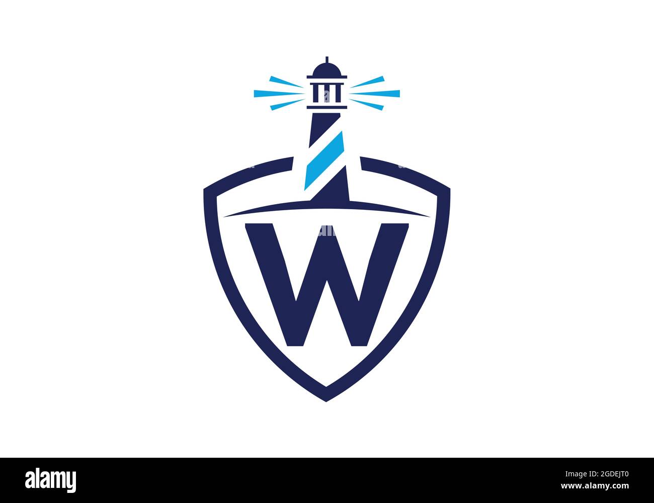 Alfabeto monogramma W iniziale in uno scudo con il faro. Logo Harbour. Fregio del carattere. Moderno logo vettoriale faro per aziende, organizzazioni Illustrazione Vettoriale