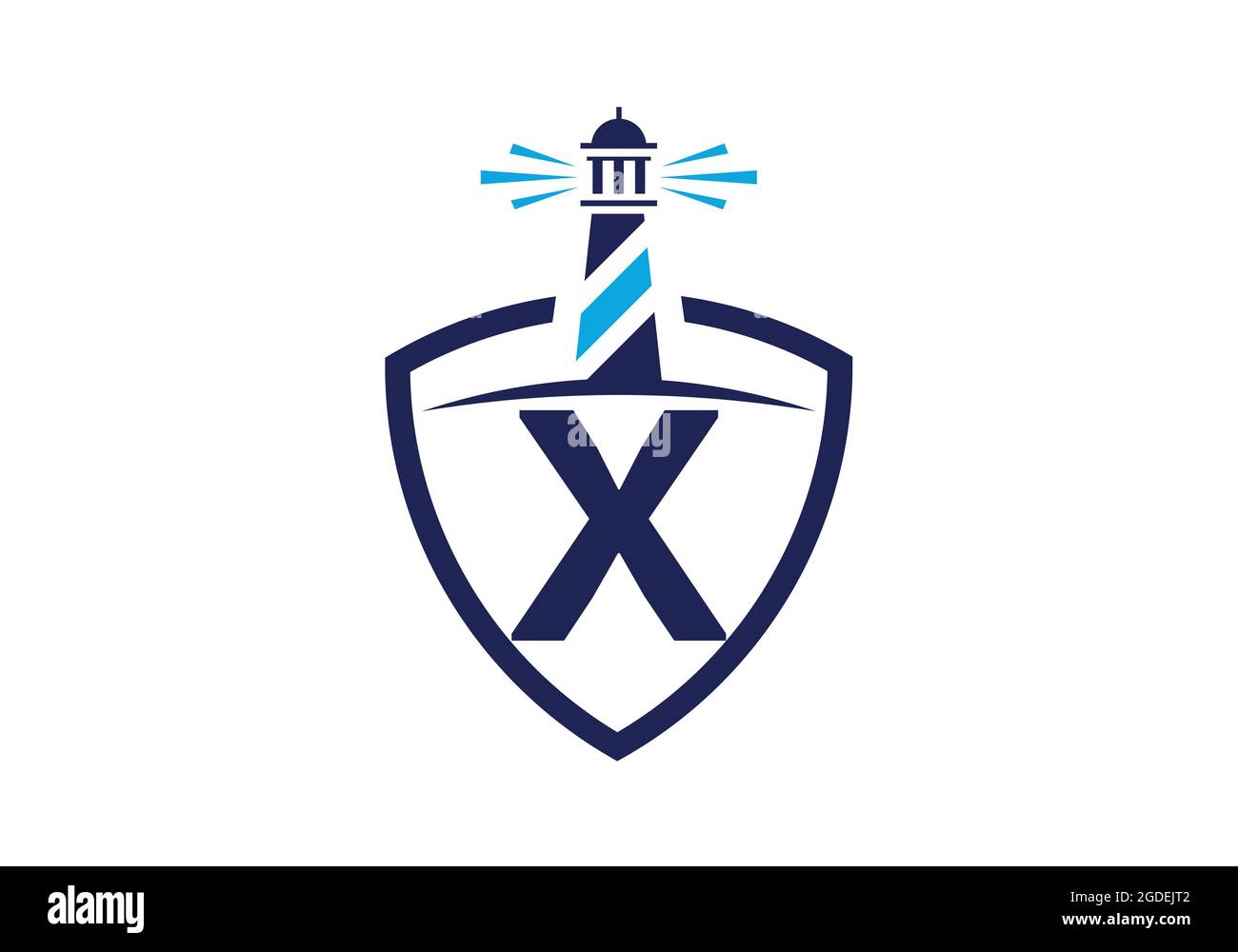 Alfabeto monogramma X iniziale in uno scudo con il faro. Logo Harbour. Fregio del carattere. Moderno logo vettoriale faro per aziende, organizzazioni Illustrazione Vettoriale