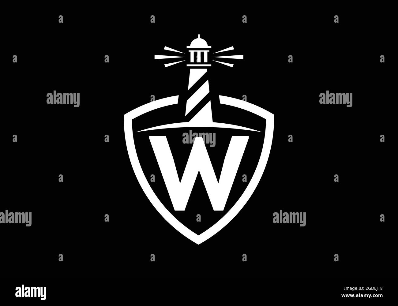 Alfabeto monogramma W iniziale in uno scudo con il faro. Logo Harbour. Fregio del carattere. Moderno logo vettoriale faro per aziende, organizzazioni Illustrazione Vettoriale