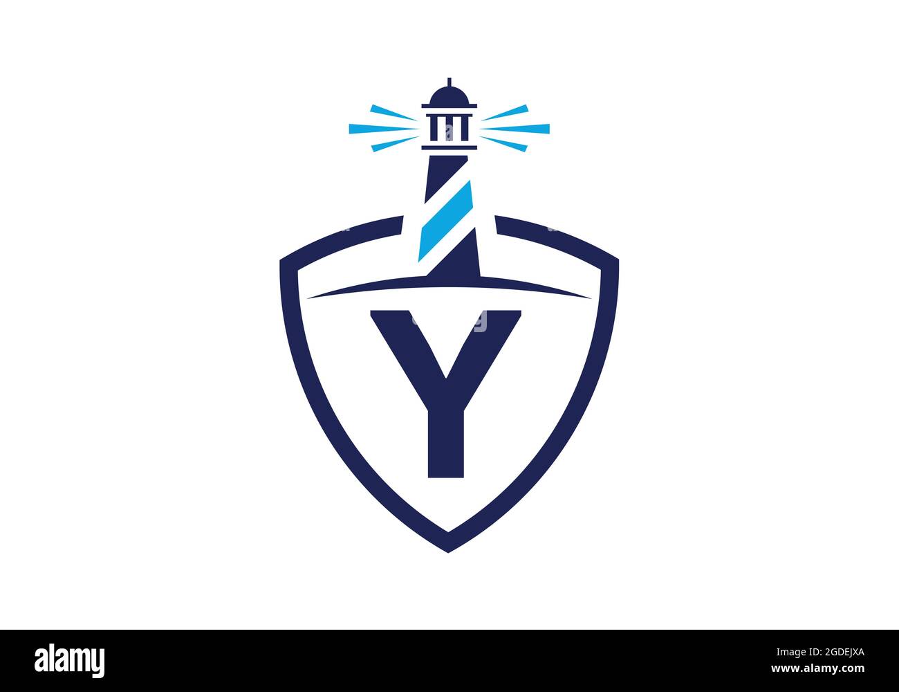 Alfabeto monogramma iniziale Y in uno scudo con il faro. Logo Harbour. Fregio del carattere. Moderno logo vettoriale faro per aziende, organizzazioni Illustrazione Vettoriale