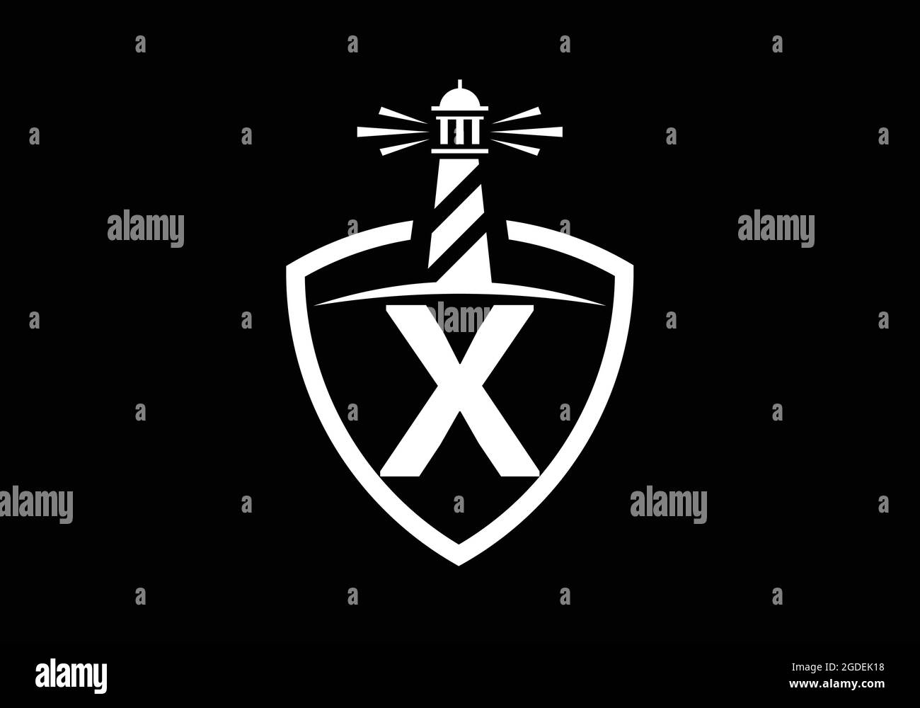 Alfabeto monogramma X iniziale in uno scudo con il faro. Logo Harbour. Fregio del carattere. Moderno logo vettoriale faro per aziende, organizzazioni Illustrazione Vettoriale