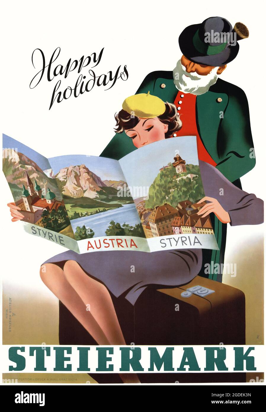 Buone feste. Steiermark (Siria) di Atelier Koszler. Poster vintage restaurato pubblicato nel 1953 in Austria. Foto Stock