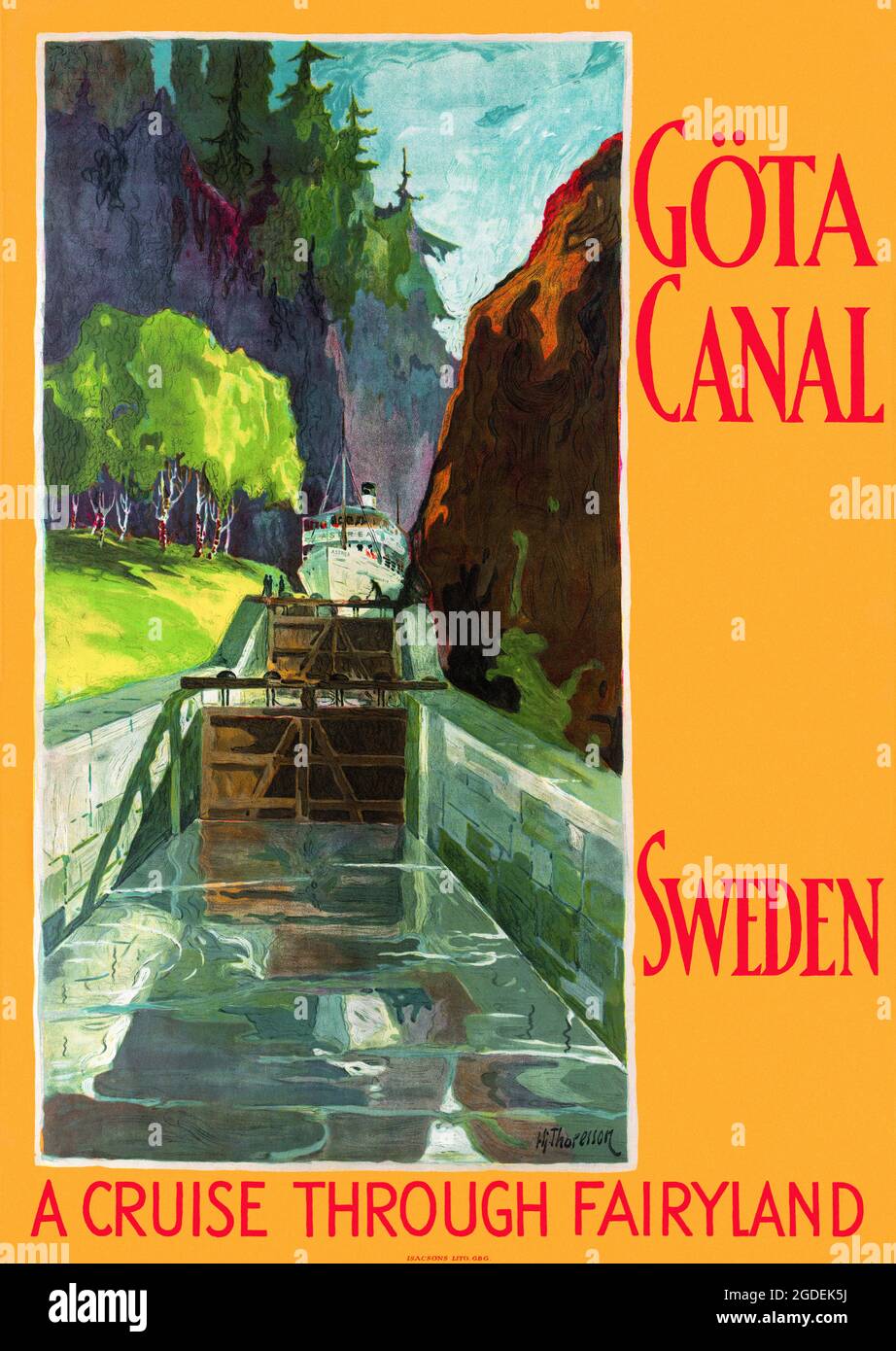 Canale di Göta, Svezia. Una crociera attraverso il Fairyland con Hjalmar Thoresson (1893-1943). Poster vintage restaurato pubblicato nel 1920 in Svezia. Foto Stock