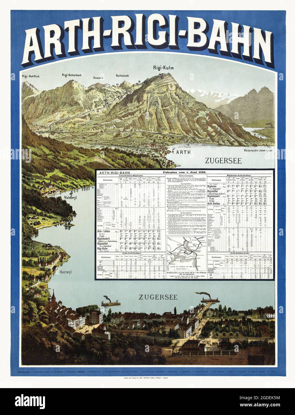 Arth-Rigi-Bahn. Fahrplan vom 1 giugno 1892 di Orell-Füssli-Verlag. Poster vintage restaurato pubblicato nel 1892 in Svizzera. Foto Stock