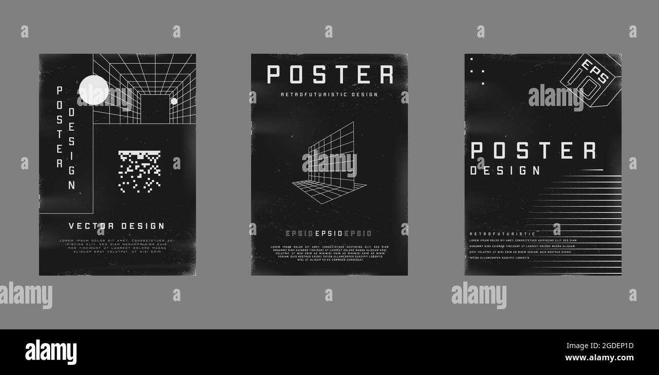 Set di poster di design retrofuturistico. Poster in stile cyberpunk anni '80 con tunnel a griglia prospettica, cubo e griglie prospettiche lazer. Shabby graffiato Illustrazione Vettoriale