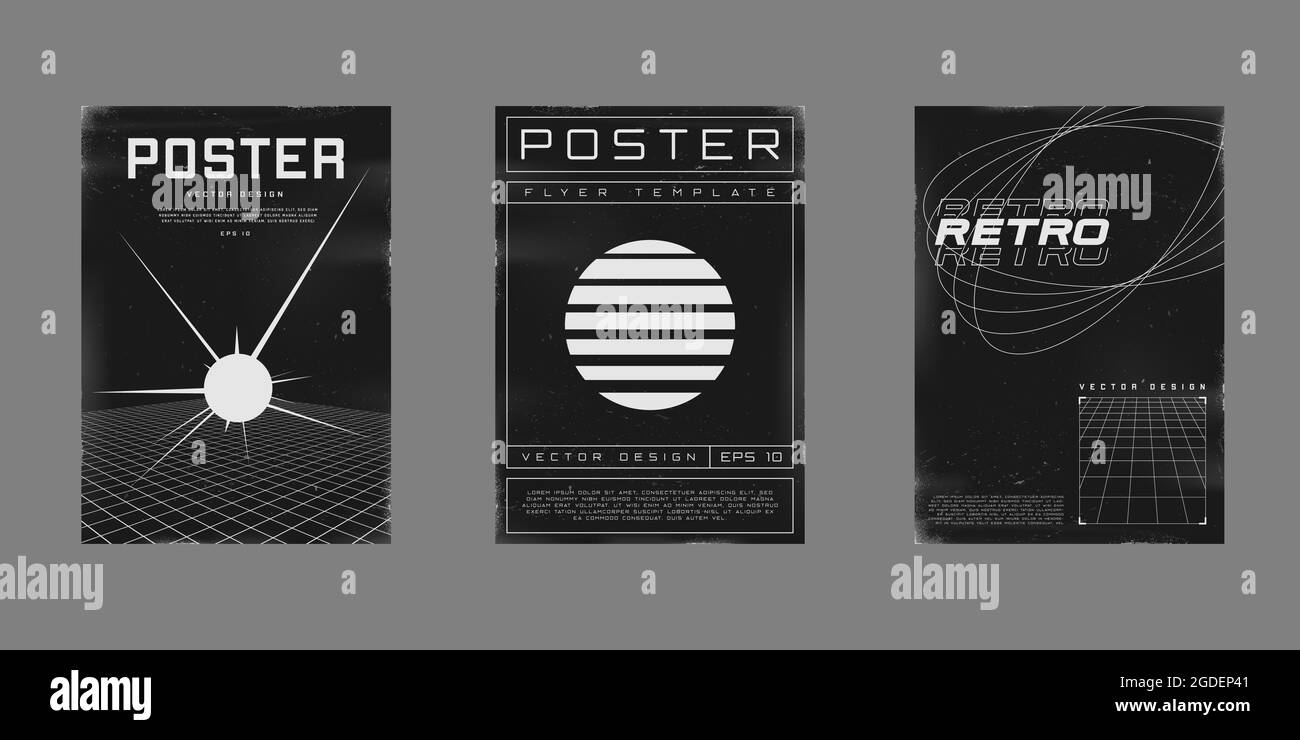 Set di poster di design retrofuturistico. Poster in stile cyberpunk anni '80 con griglia di prospettiva con stelle esplosive, sole retronda e griglie prospettiche lazer Illustrazione Vettoriale