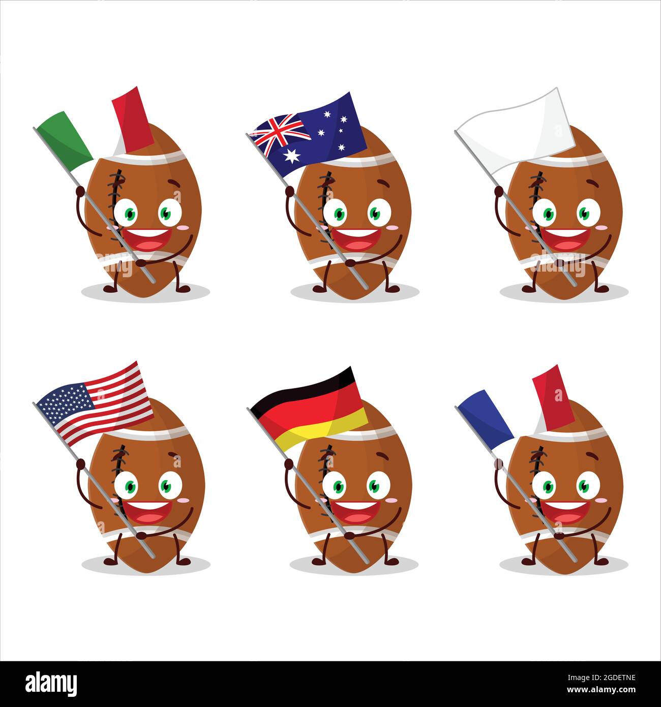 Il nuovo personaggio dei cartoni animati da palla di rugby porta le bandiere di vari paesi. Illustrazione vettoriale Illustrazione Vettoriale