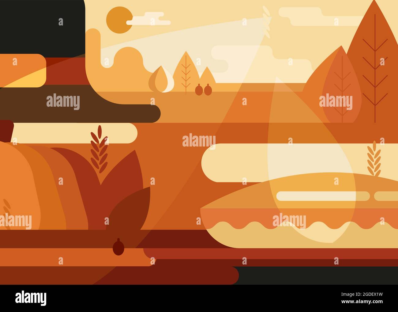 Banner astratto con cappello e torta tradizionali. Plantare per il ringraziamento in stile piatto. Illustrazione Vettoriale