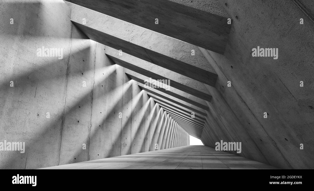 lungo corridoio futuristico in cemento con luce proveniente dal soffitto. rendering 3d Foto Stock