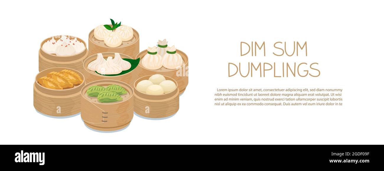 Momo e dim sum set di cibo in bambù cesti vaporiera. Modello banner gnocchi al vapore isolato su bianco. Cucina asiatica tradizionale. Illustrazione vettoriale Illustrazione Vettoriale