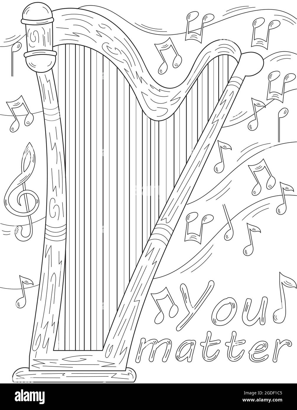 Arpa che posa in piano con note musicali multiple disegno a linea incolore fluttuante. Strumento musicale con Strings Coloring Book Page. Illustrazione Vettoriale