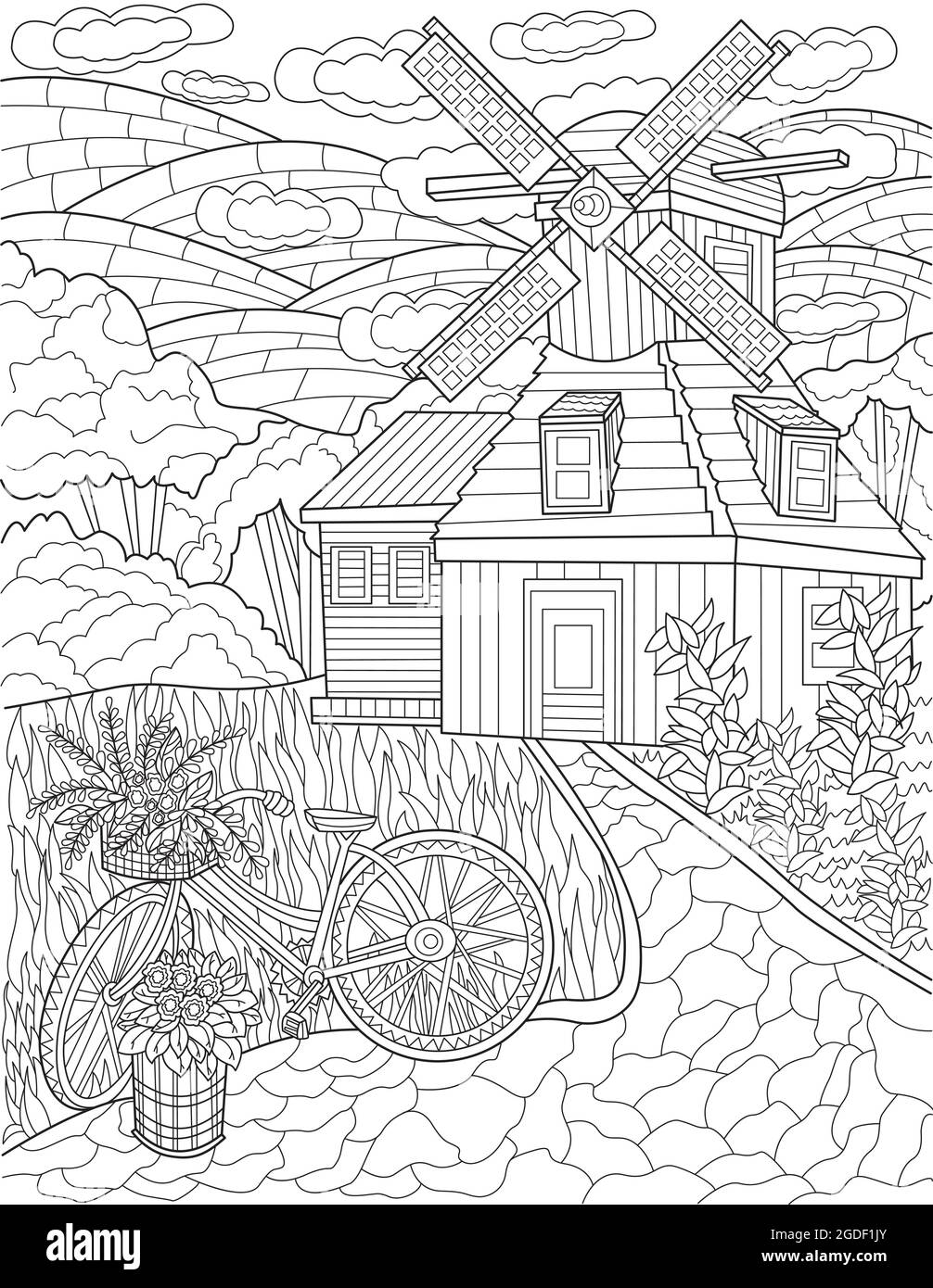 Fattoria classica con Wind Mill accanto A una bicicletta con colline sfondo disegno linea incolore. Old House in campi da agricoltura circondato da colore erba Illustrazione Vettoriale