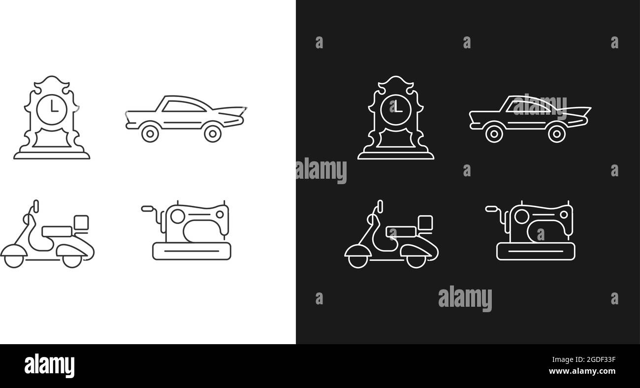 Icone lineari retrò da collezionare impostate per la modalità chiara e scura Illustrazione Vettoriale
