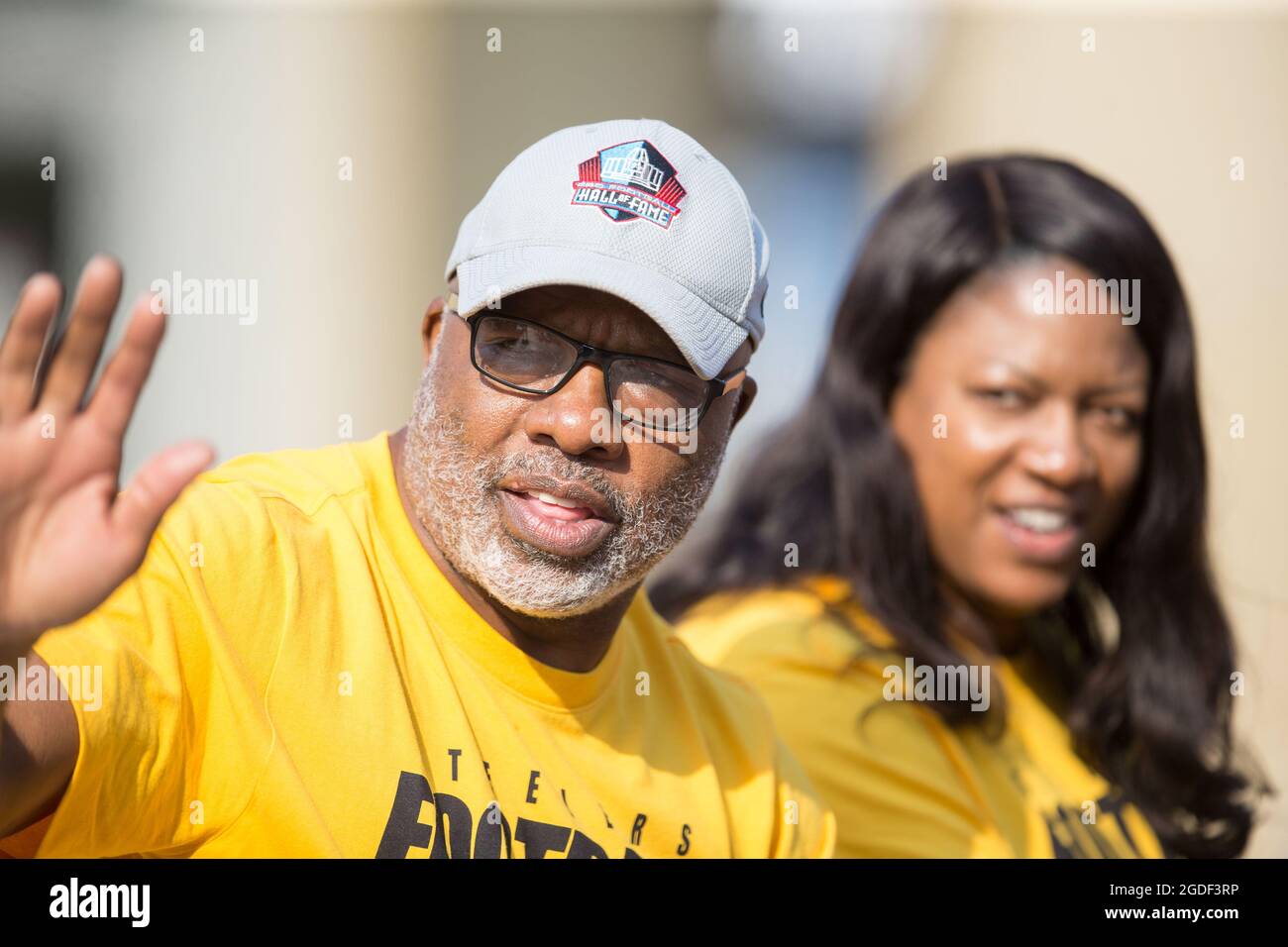 Donnie Shell, classe di 2020 enshrinee, durante la sfilata della Pro Football Hall of Fame, sabato 7 agosto 2021, a Canton, Ohio. (Max Siker/immagine dello sport) Foto Stock