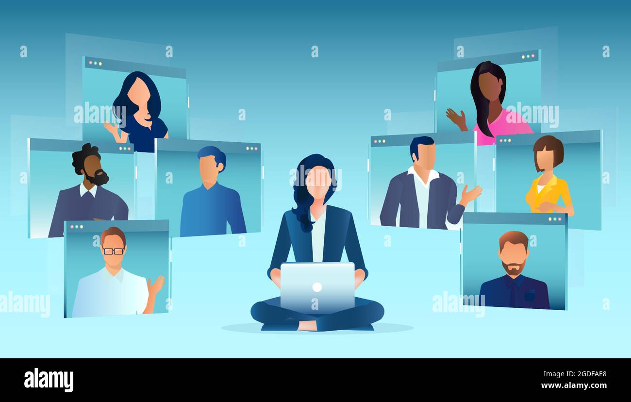 Vettore di persone aziendali videoconferenza utilizzando la piattaforma online Illustrazione Vettoriale