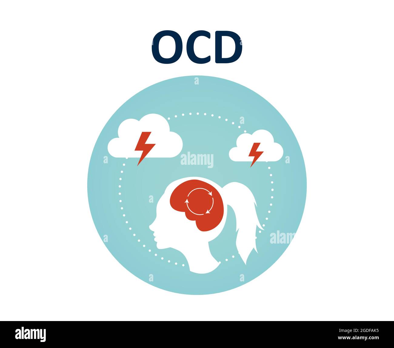 Concetto OCD. Vettore di una donna con pensieri ossessivi ricorrenti Illustrazione Vettoriale