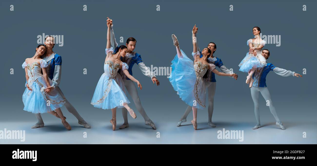 Immagine composita di ritratti di ballerini di danza coppie in spettacolo teatrale Giselle isolato su sfondo blu. Concetto di arte, bellezza, aspirazione Foto Stock