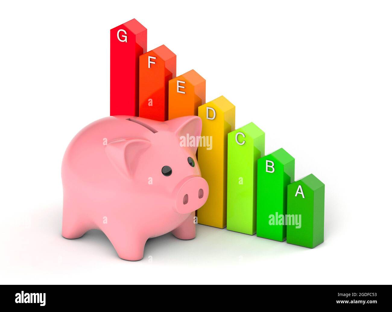 Piggy Bank e Energy Efficiency Rating. Grafico a frecce colorate. Isolato su sfondo bianco. rendering 3d. Foto Stock